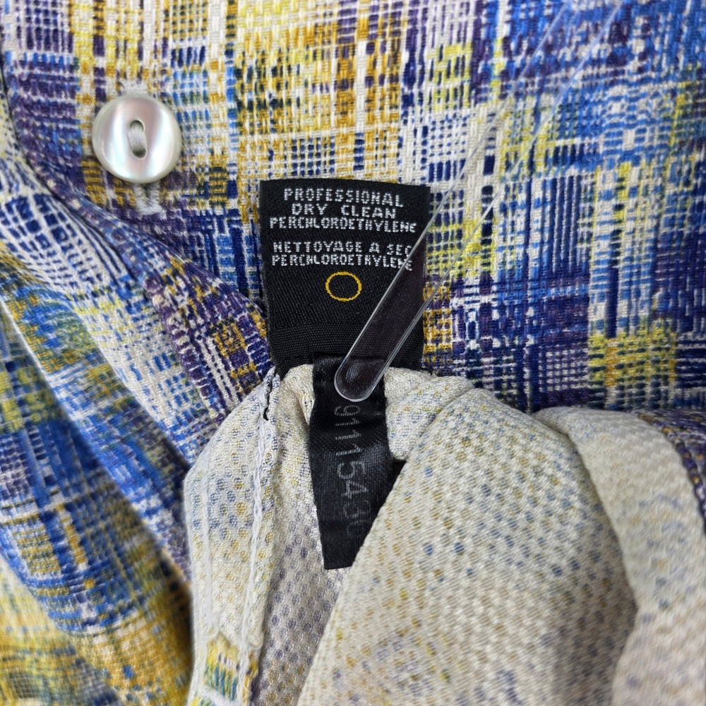 Jhane Barnes Mens XL Silk Short Sleeve Button Down Shirt Abstract Grid Blue Gold - Picture 5 of 7